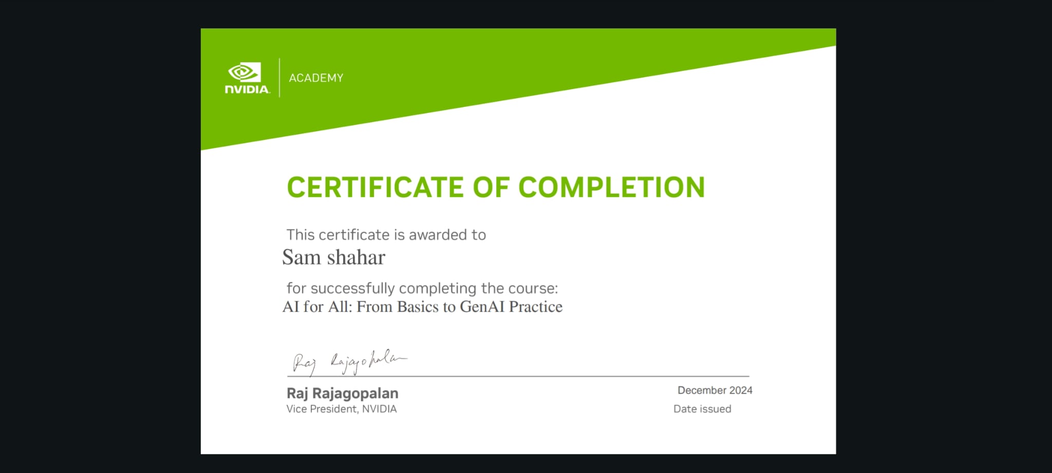תעודת סיום — NVIDIA · AI for All: From Basics to GenAI Practice